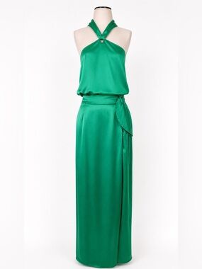 Isolda Emerald Green Silk Halter Top & Wrap Maxi Skirt Set Size 10 Medium/Large